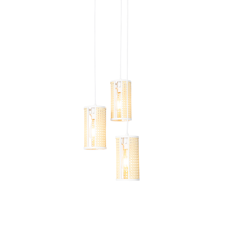 Oriental Pendant Light White with Rattan 3-Light Round - Akira