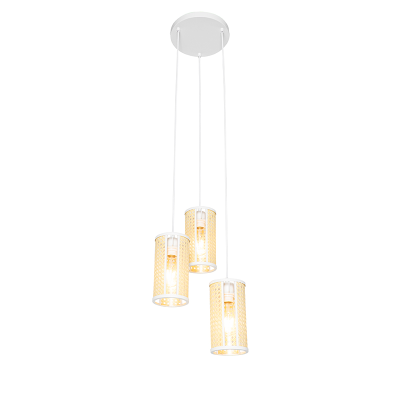 Oriental Pendant Light White with Rattan 3-Light Round - Akira
