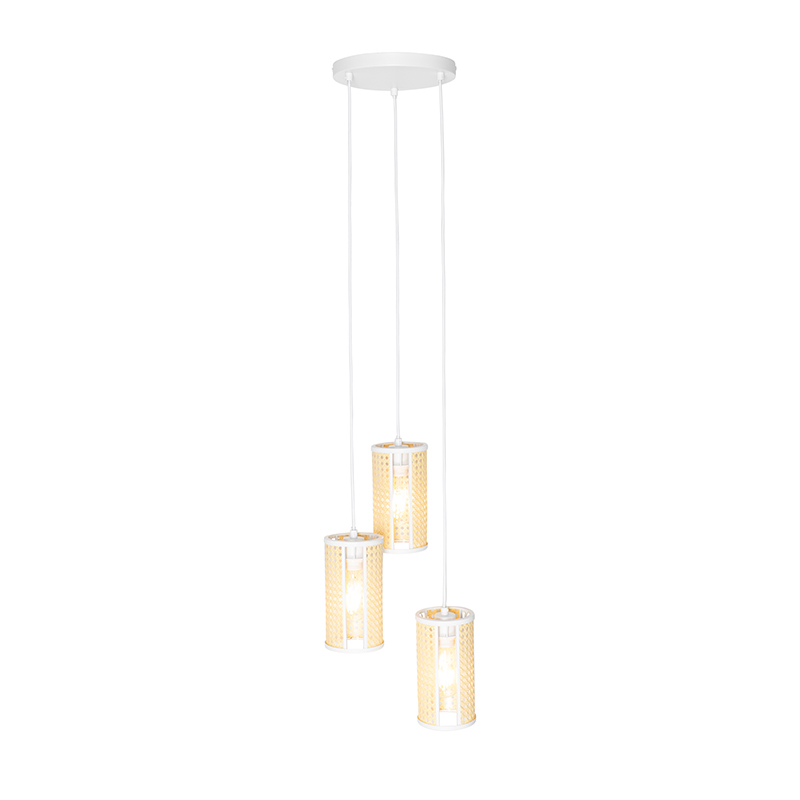 Lámpara colgante oriental blanca con ratán 3 luces redonda - Akira