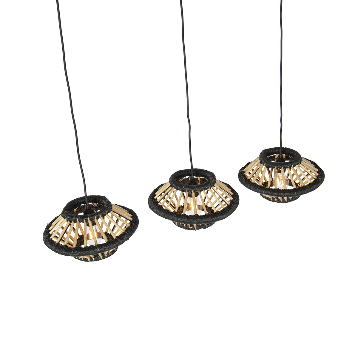 Lampada a sospensione orientale in bambù con paralumi neri oblunghi a 3 luci - Evalin
