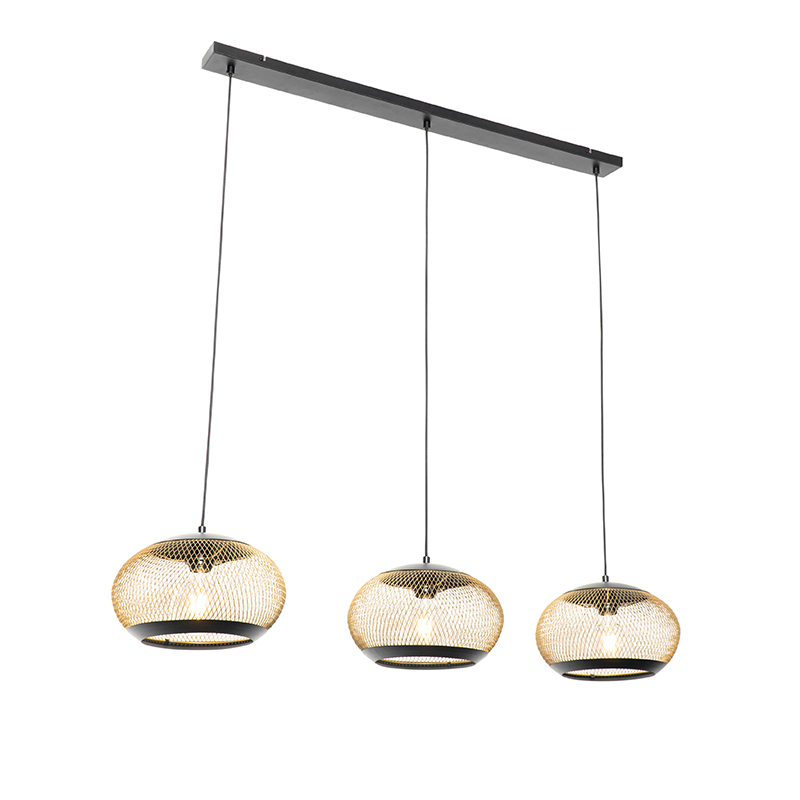 Moderne hanglamp zwart met goud langwerpig 3-lichts - Lucas