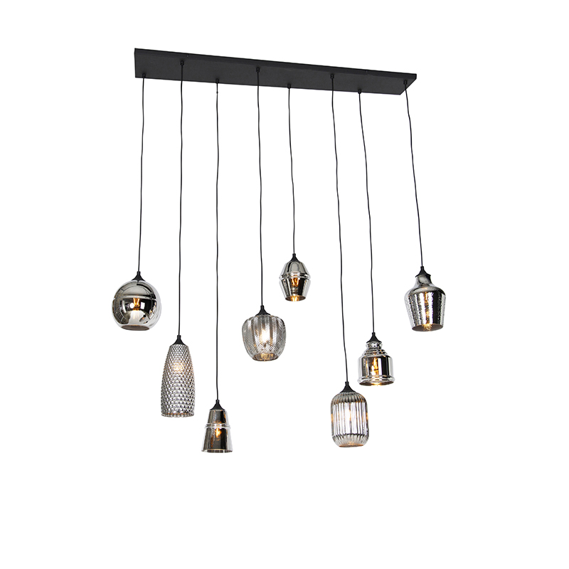 Art Deco závesné svietidlo čierne s dymovým sklom 8-svetlo - Hanne