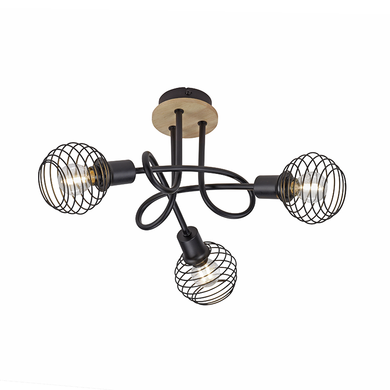 Priemyselné stropné bodové svetlo čierne s drevom 3-žiarovkové - Winsten