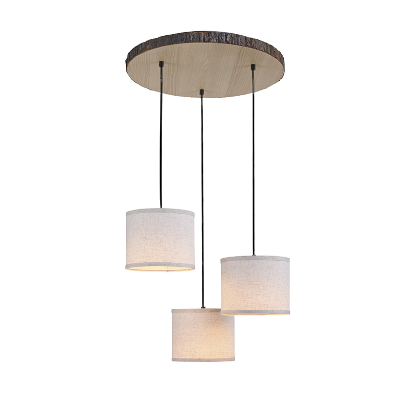 E-shop Vidiecke závesné svietidlo drevené s bielym tienidlom okrúhle 3-svetlé - Oriana