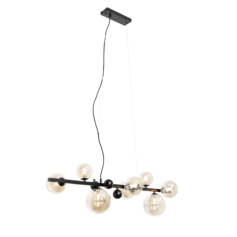 Art Deco závesná lampa čierna s jantárovým sklom 8 svetiel - David Art Deco závesná lampa čierna s jantárovým sklom 8 svetiel - David