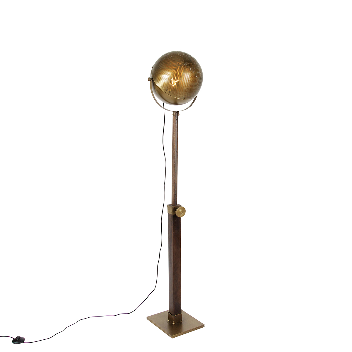 Industriell golvlampa brons med trä justerbar – Haicha