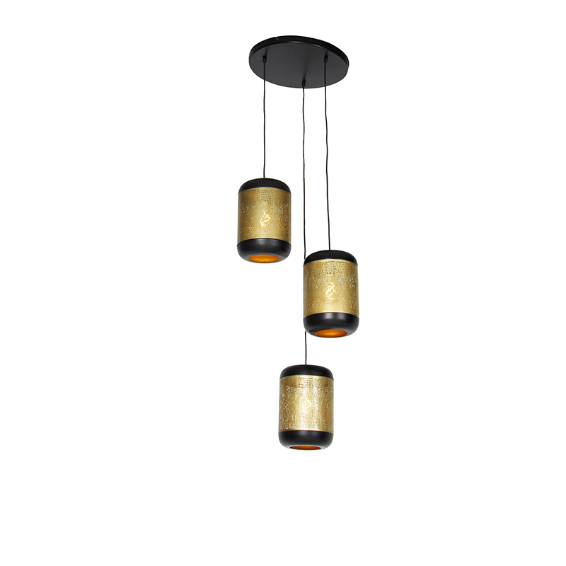 Vintage hanging lamp black with brass round 3-light - Kayleigh