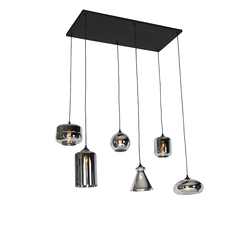 Art Deco závesné svietidlo čierne s dymovým sklom 6-žiarovkové - Wallace