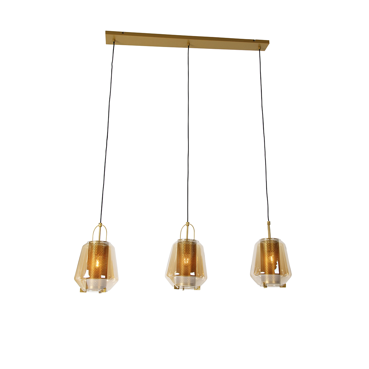 Závesné svietidlo zlaté s jantárovým sklom 23 cm obdĺžnikové 3-svetlo - Kevin