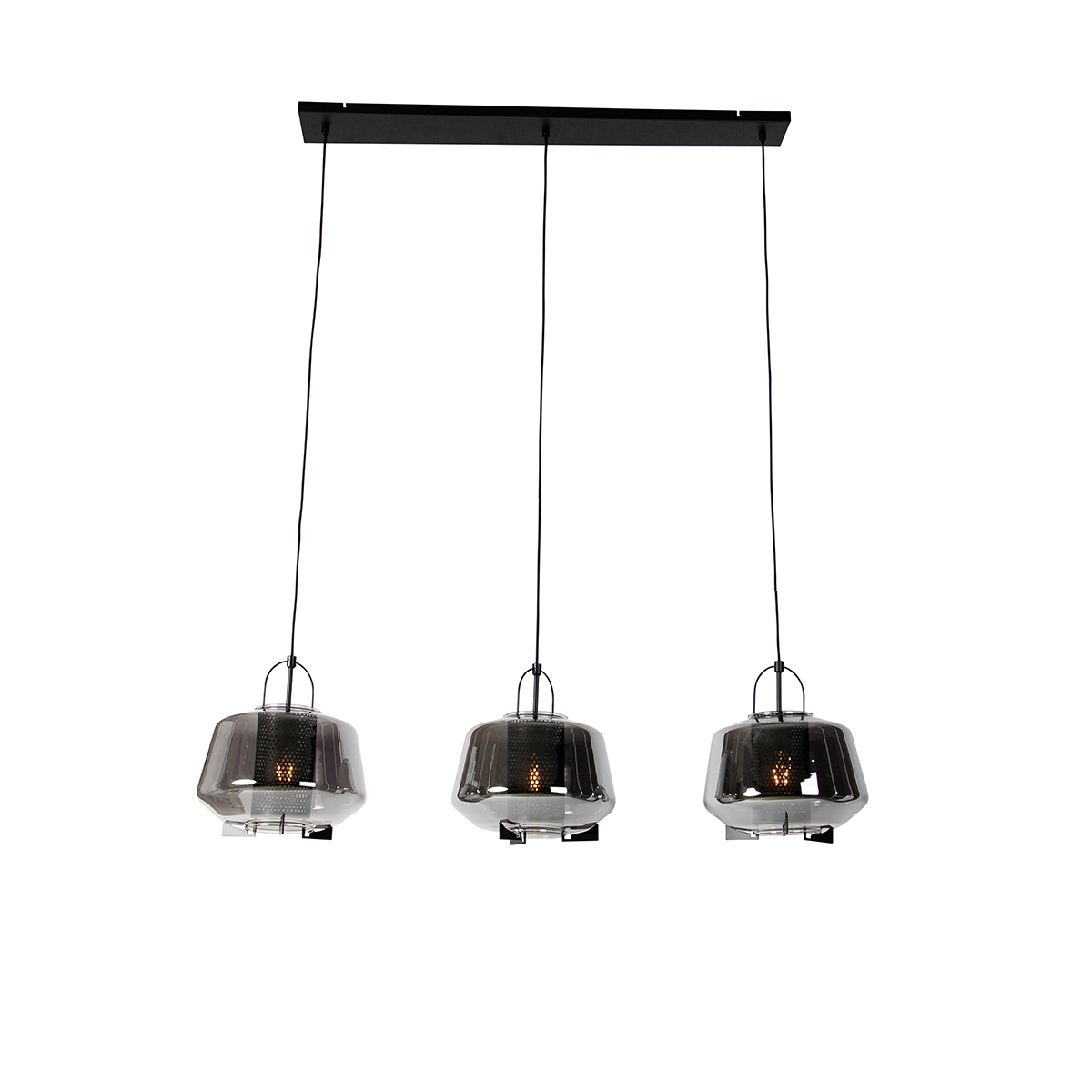 Hanging lamp black with smoke glass 30 cm oblong 3-light - Kevin