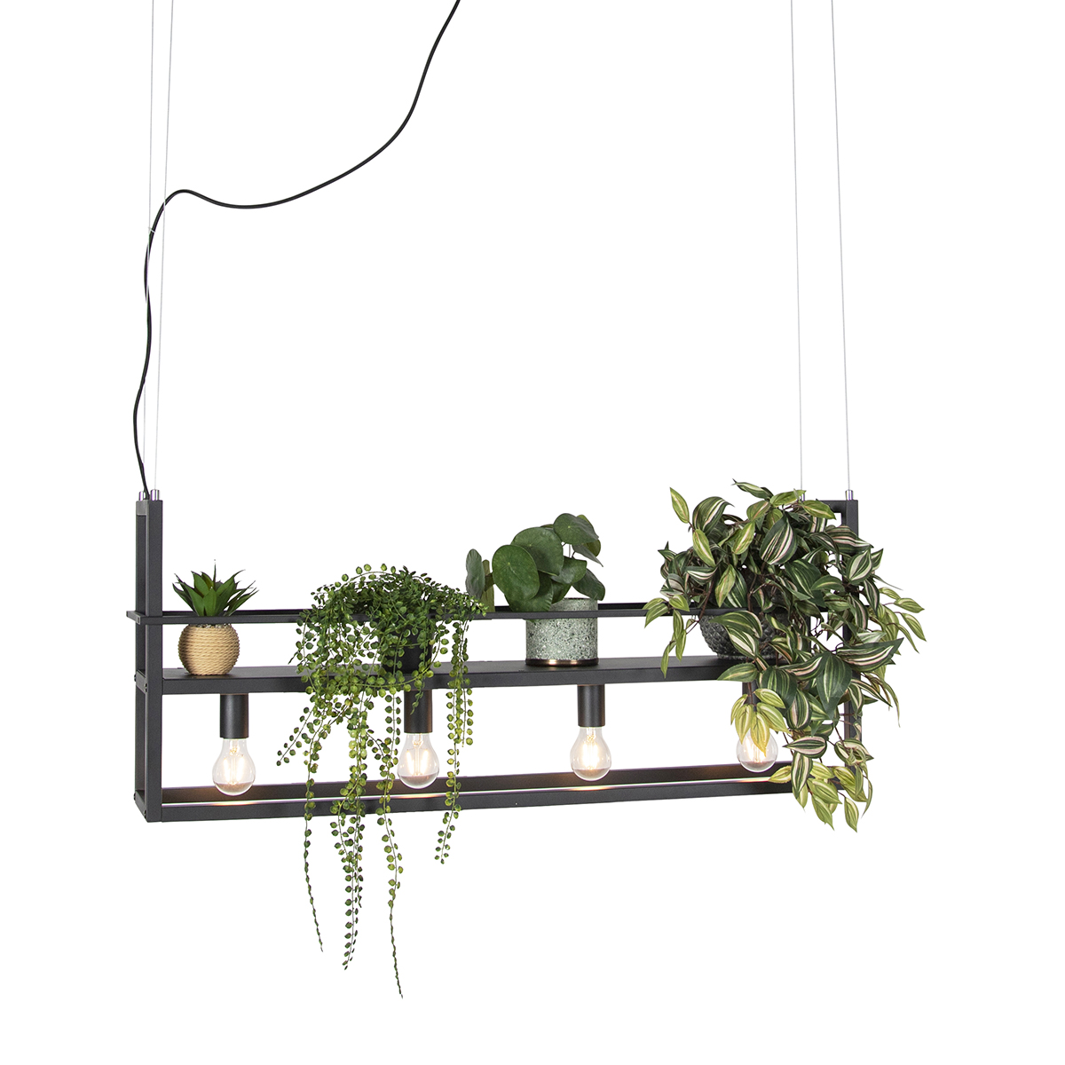 Priemyselné závesné svietidlo čierne so 4-svetlovým regálom - Cage Rack