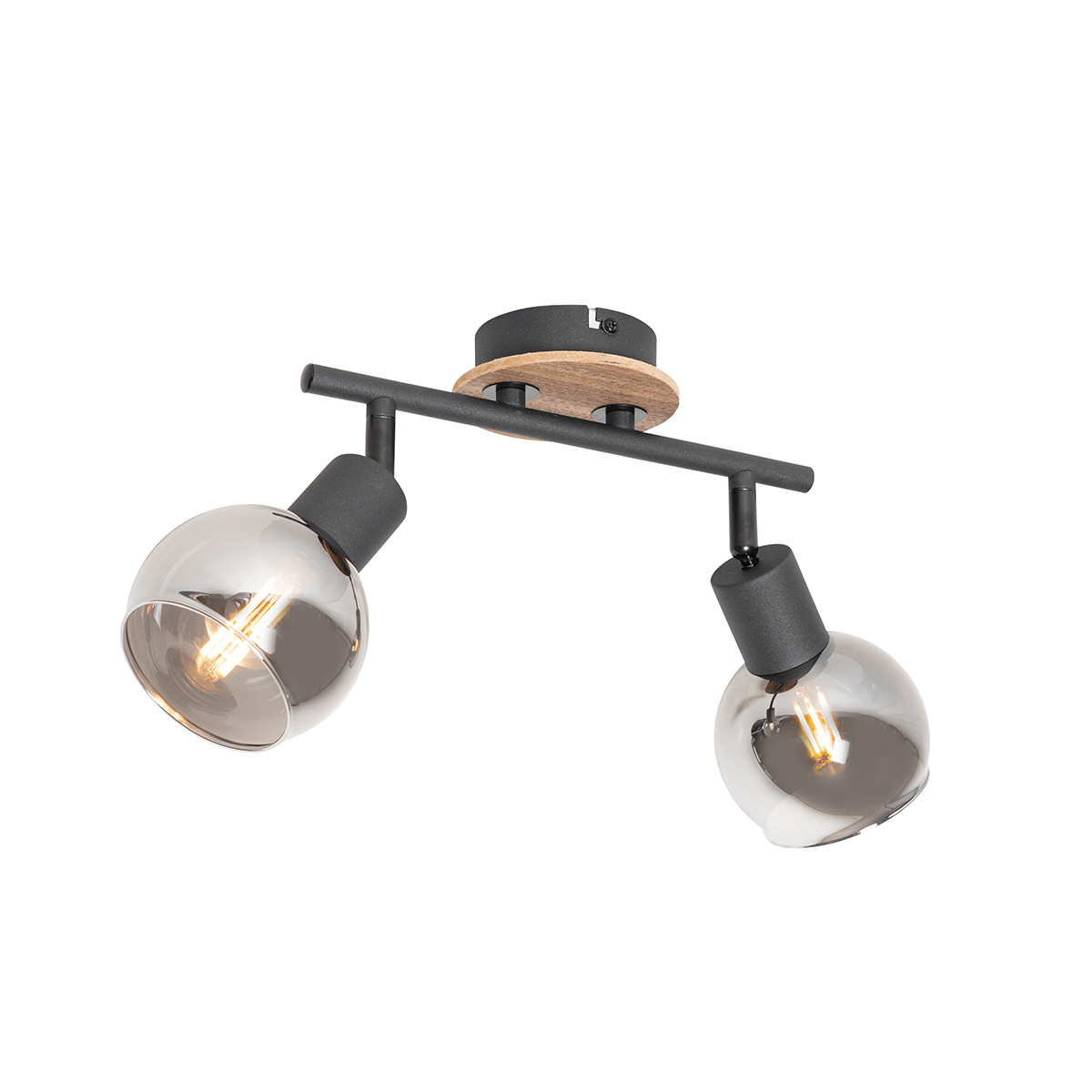 Ceiling Light Black with Smoke Glass and Wood 2-Light - Vidro