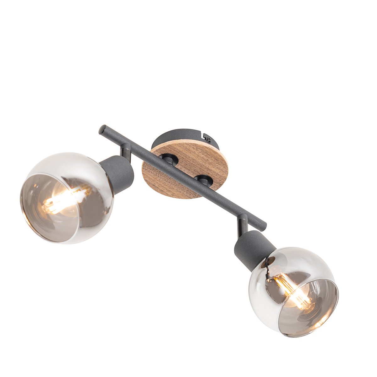 Ceiling Light Black with Smoke Glass and Wood 2-Light - Vidro