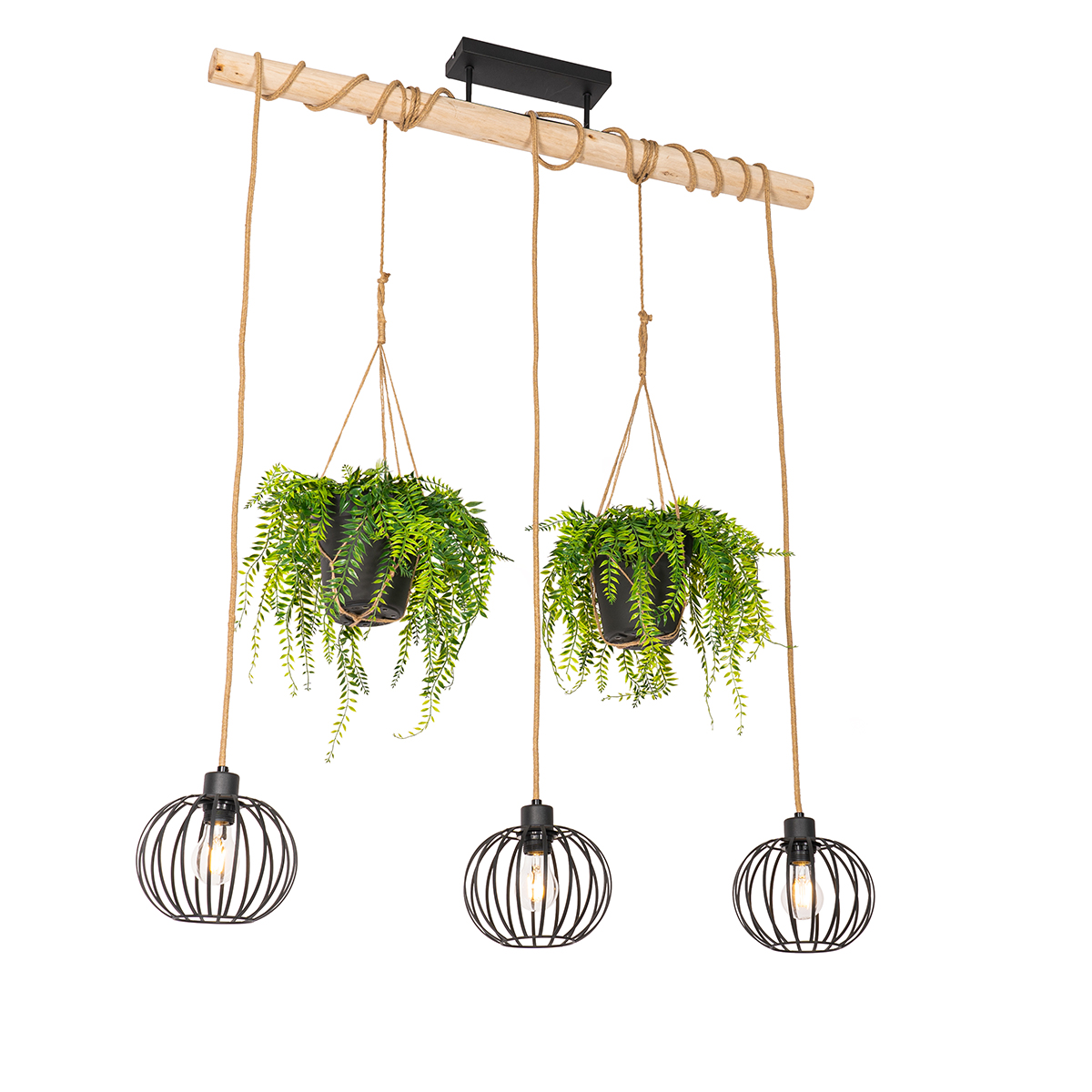 Vidiecka závesná lampa čierna s drevom 3 svetlá - Yura
