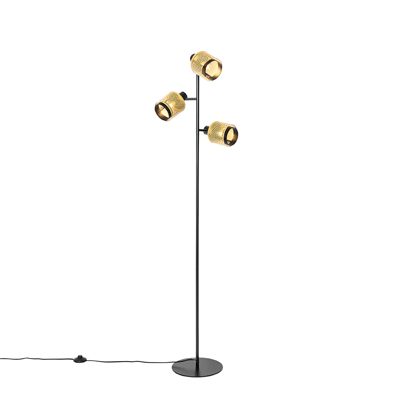 E-shop Priemyselná stojaca lampa čierna so zlatými 3 svetlami - Kayden