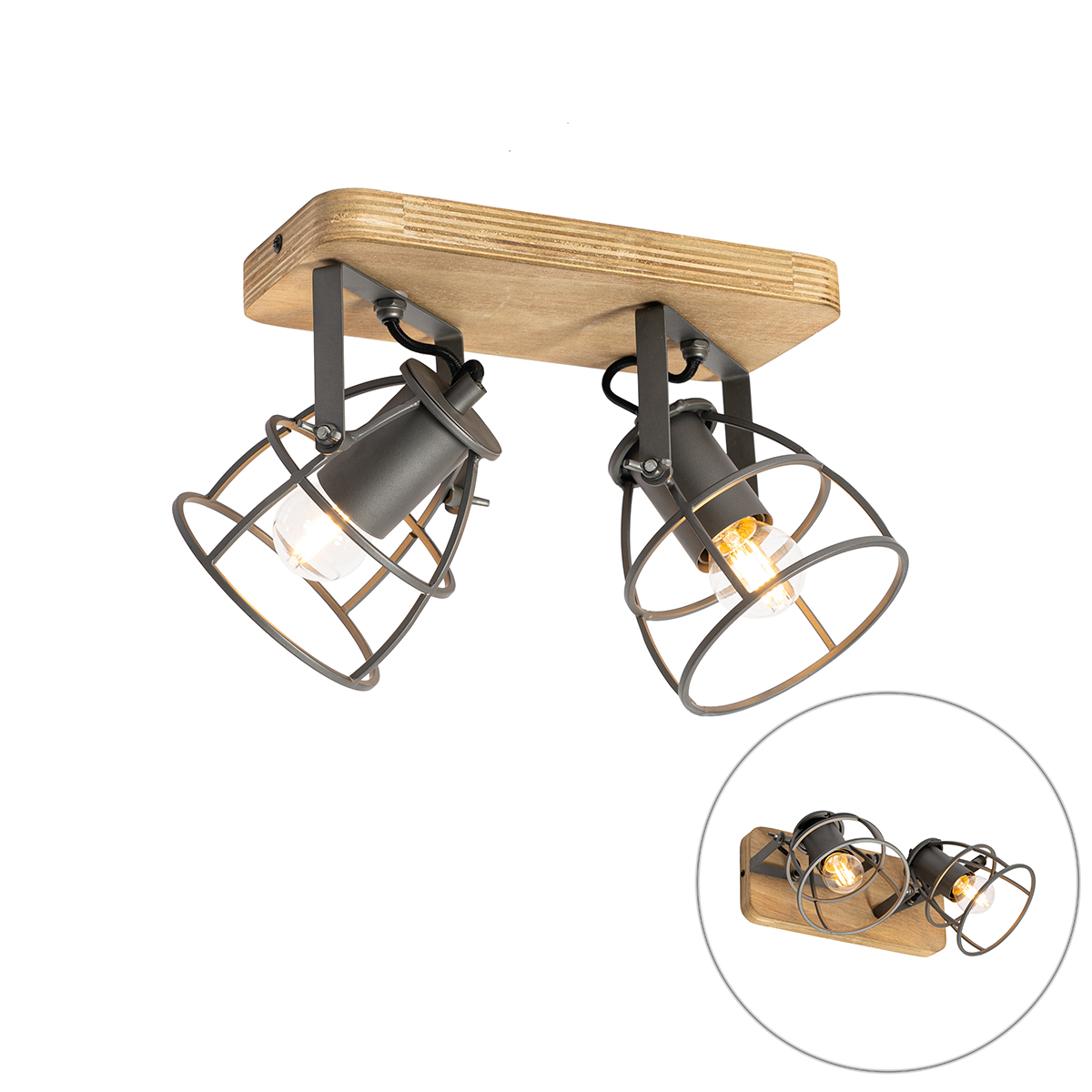 Priemyselná bodová čierna s dreveným nastaviteľným 2-svetlom - Arthur