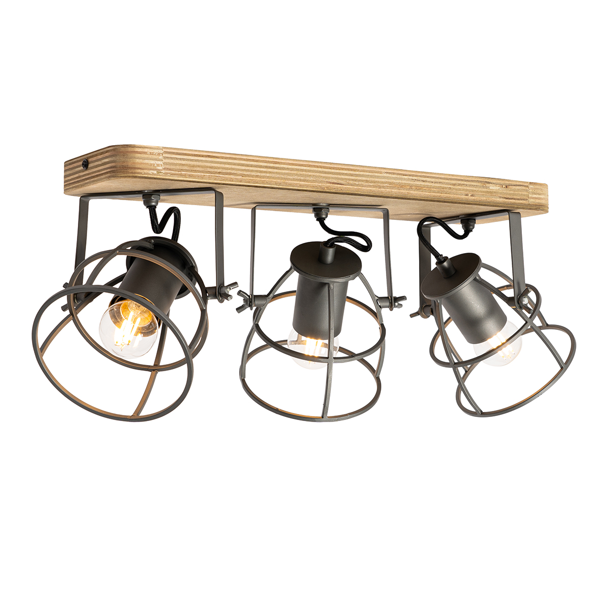 Faretto industriale grigio scuro con legno regolabile 3 luci - Arthur