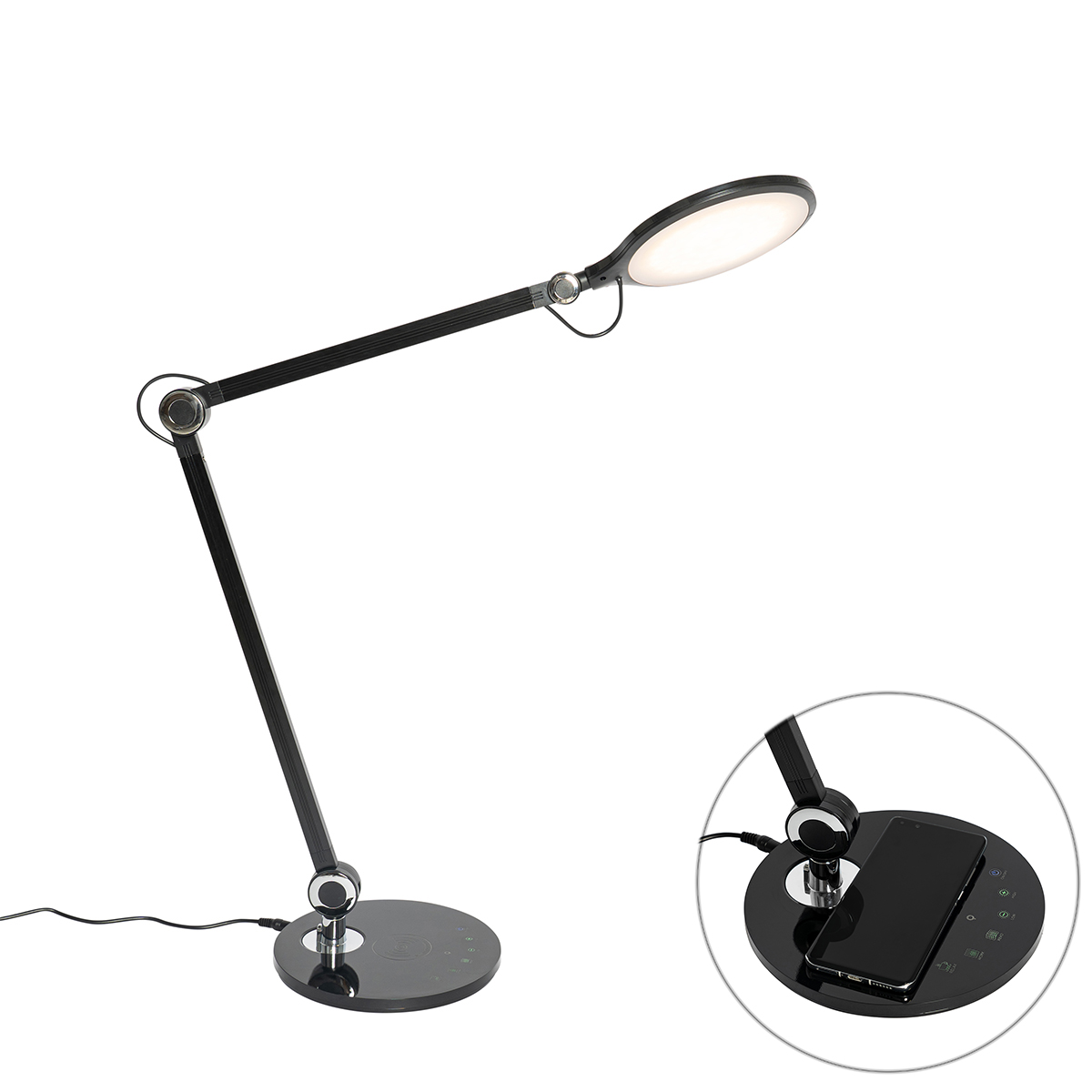 Levně Designová stolní lampa černá včetně LED s dotykovou a indukční nabíječkou - Don