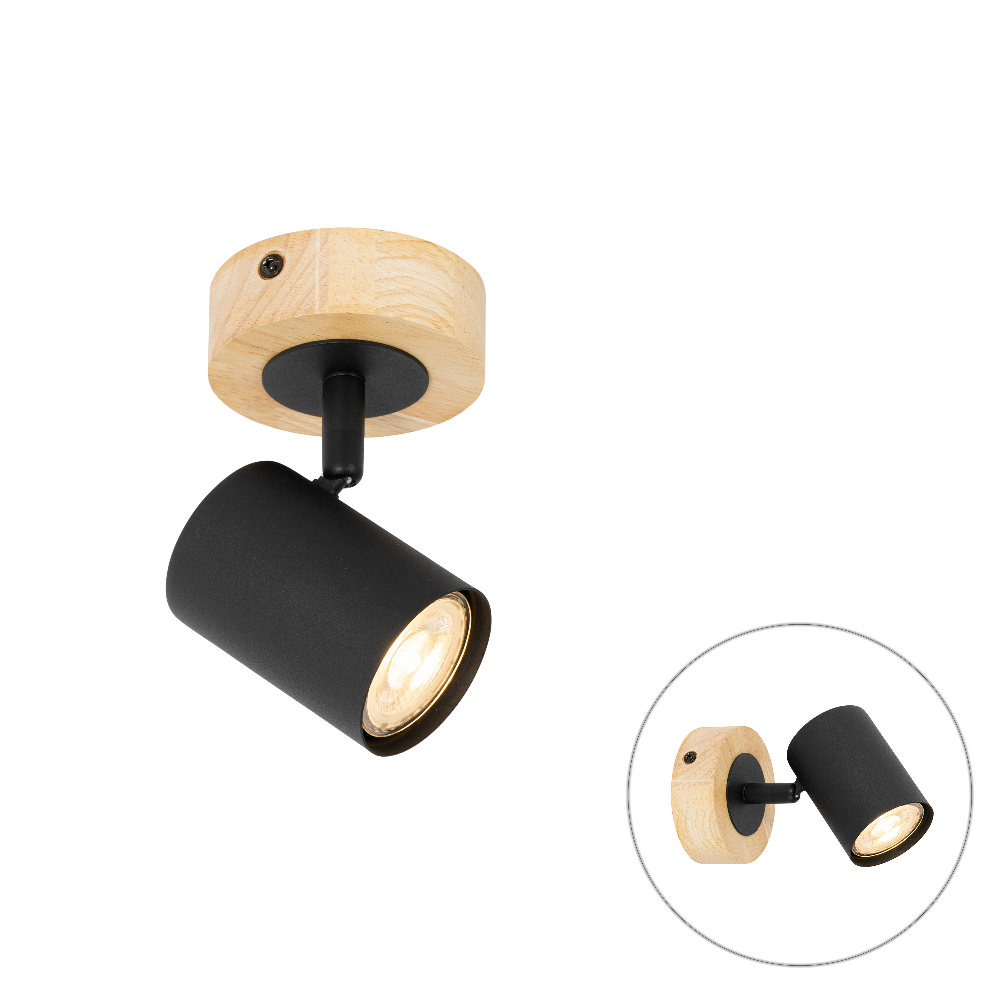 Moderný reflektor čierny s drevom naklápateľný - Jeana