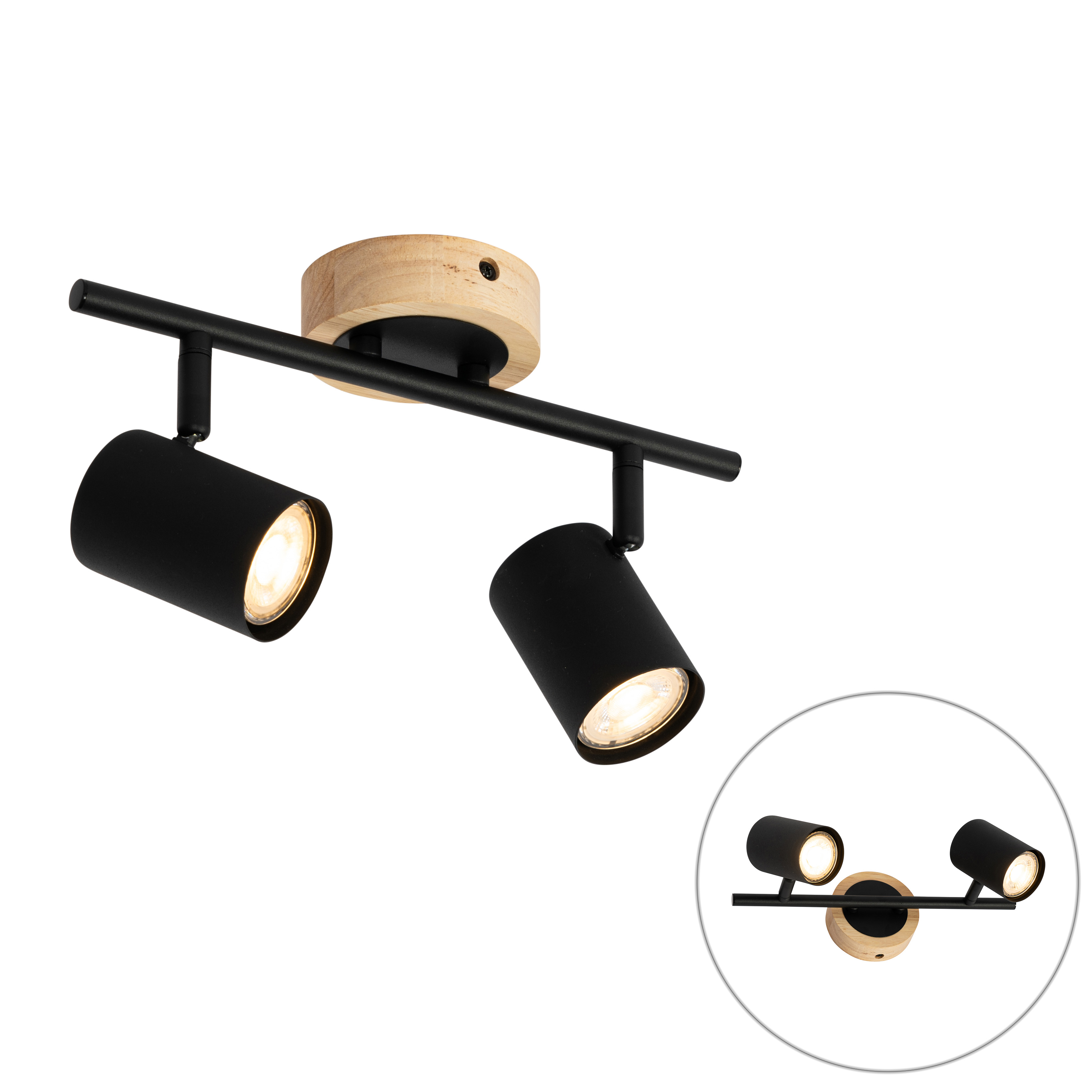 Moderné bodové svetlo čierne s dreveným sklonom 2-žiarovkové - Jeana