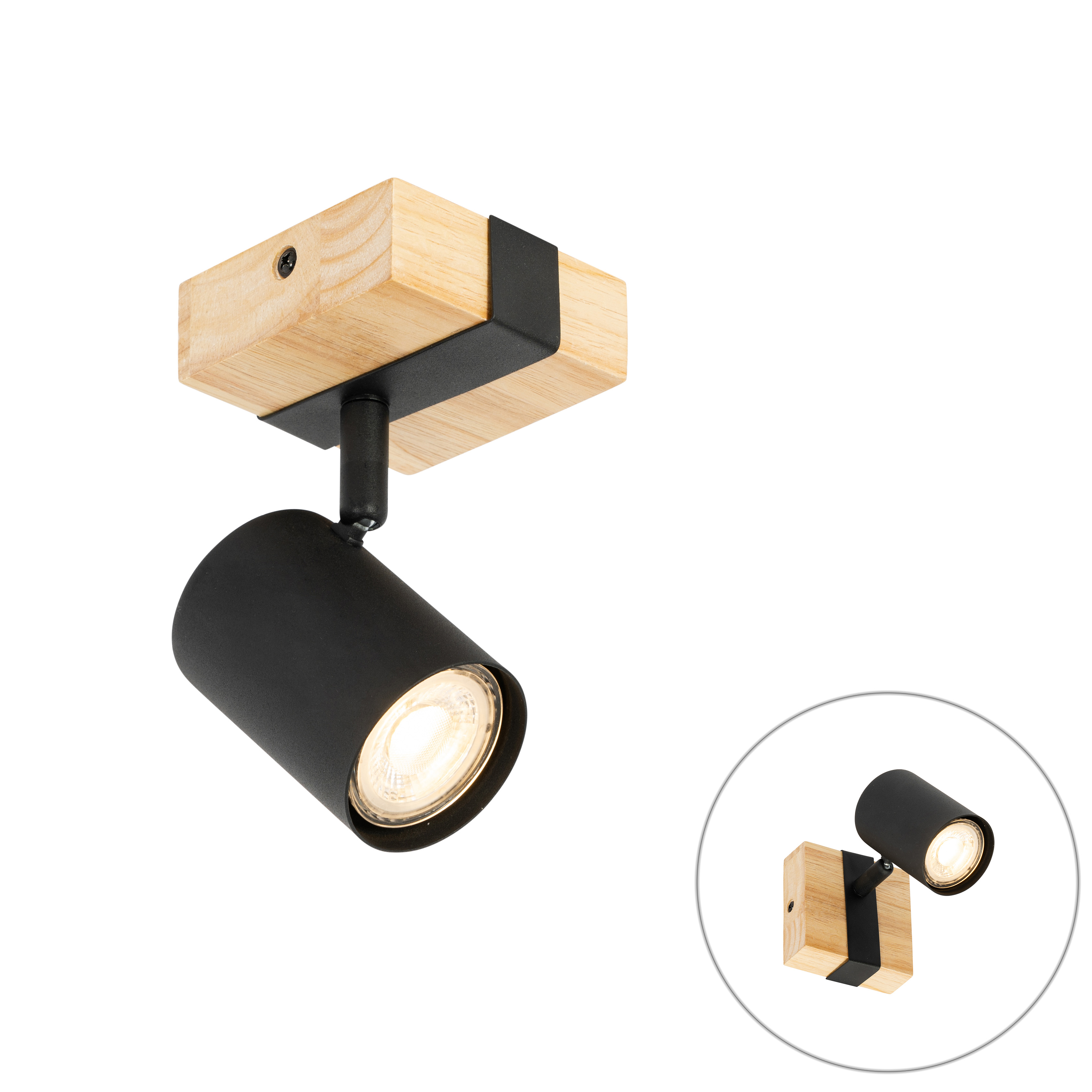 Moderné bodové svetlo čierne s dreveným nastaviteľným štvorcom - Jeana