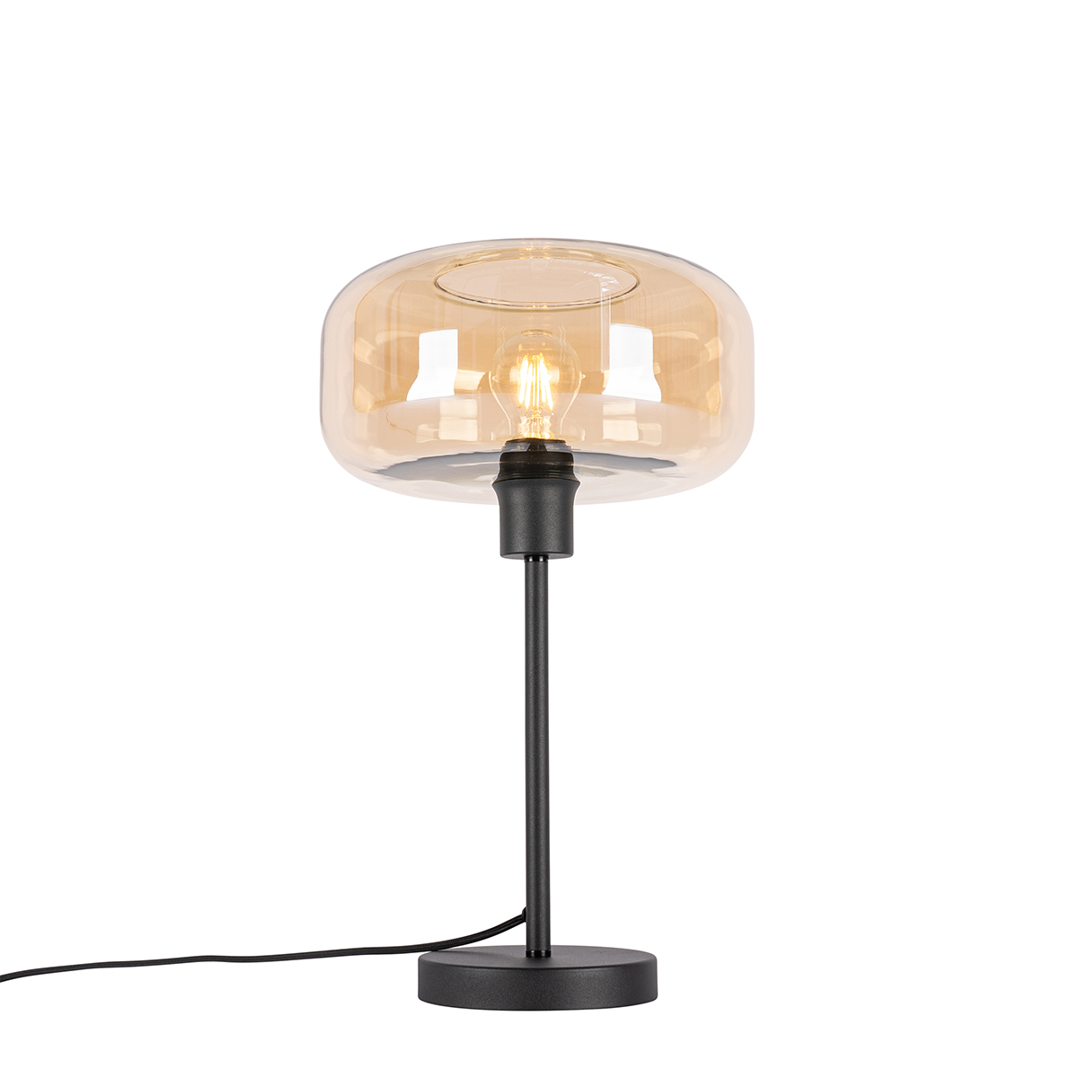 Art Deco stolná lampa čierna s jantárovým sklom - Bizle