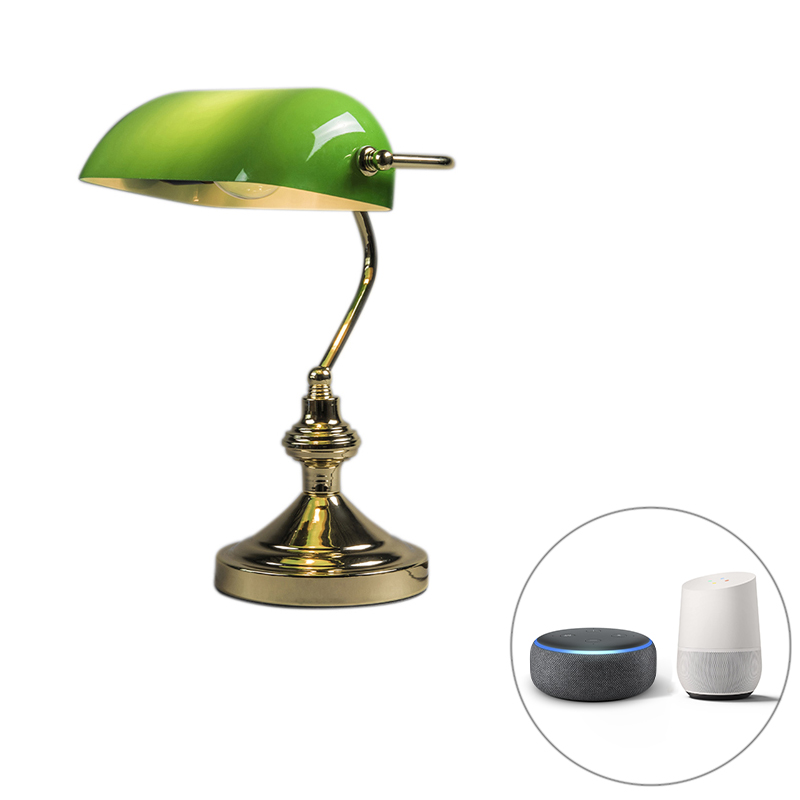 Intelligens asztali lámpa sárgaréz zöld üveggel, WiFi P45-tel - Banker