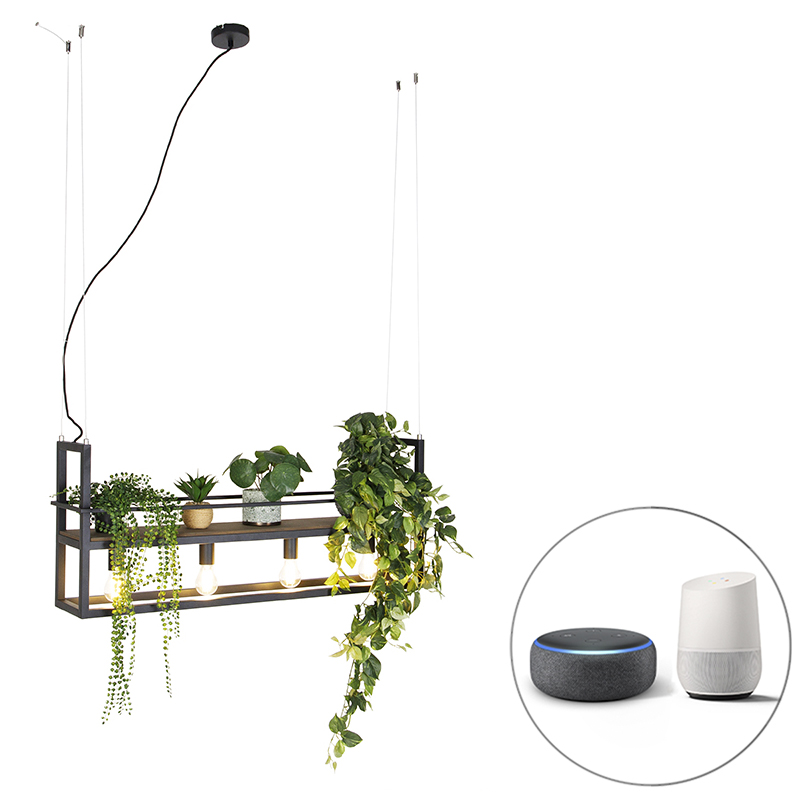 Inteligentné závesné svietidlo čierne s drevenou poličkou 4-svetlo vrátane Wifi A60 - Cage Rack