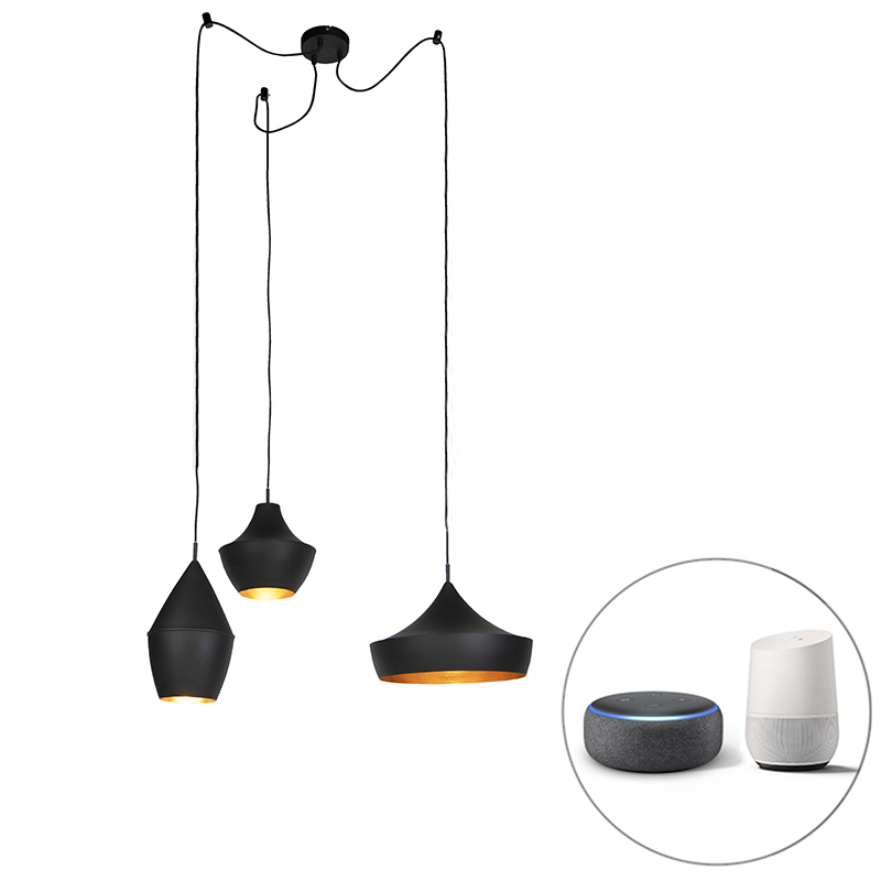 Image of Set di 3 lampade a sospensione intelligenti nere con oro incluso Wifi A60 - Depeche