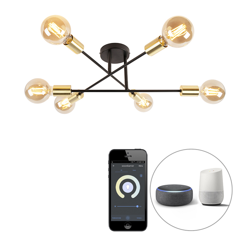 Smart plafondlamp zwart met goud 6-lichts incl. Wifi G95 – Sydney Bondi