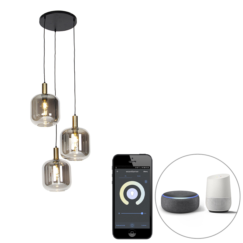 Smart hanglamp zwart met smoke glas 3-lichts incl. Wifi A60 - Zuzanna