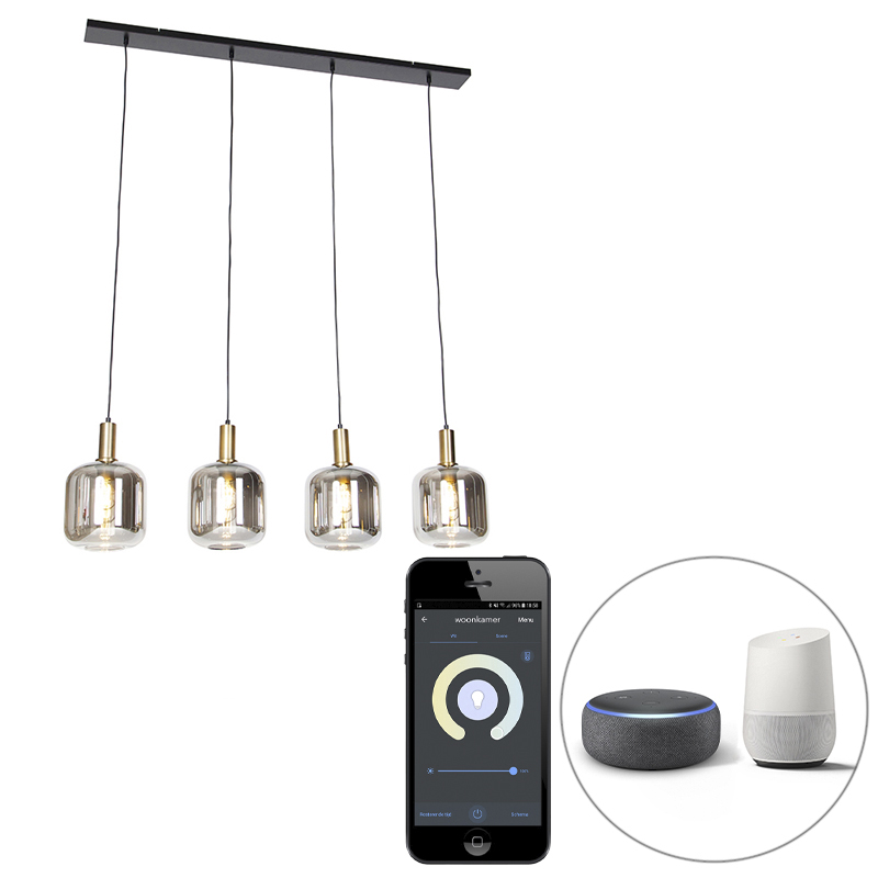 Smart hanglamp zwart met smoke glas 4-lichts incl. Wifi A60 - Zuzanna