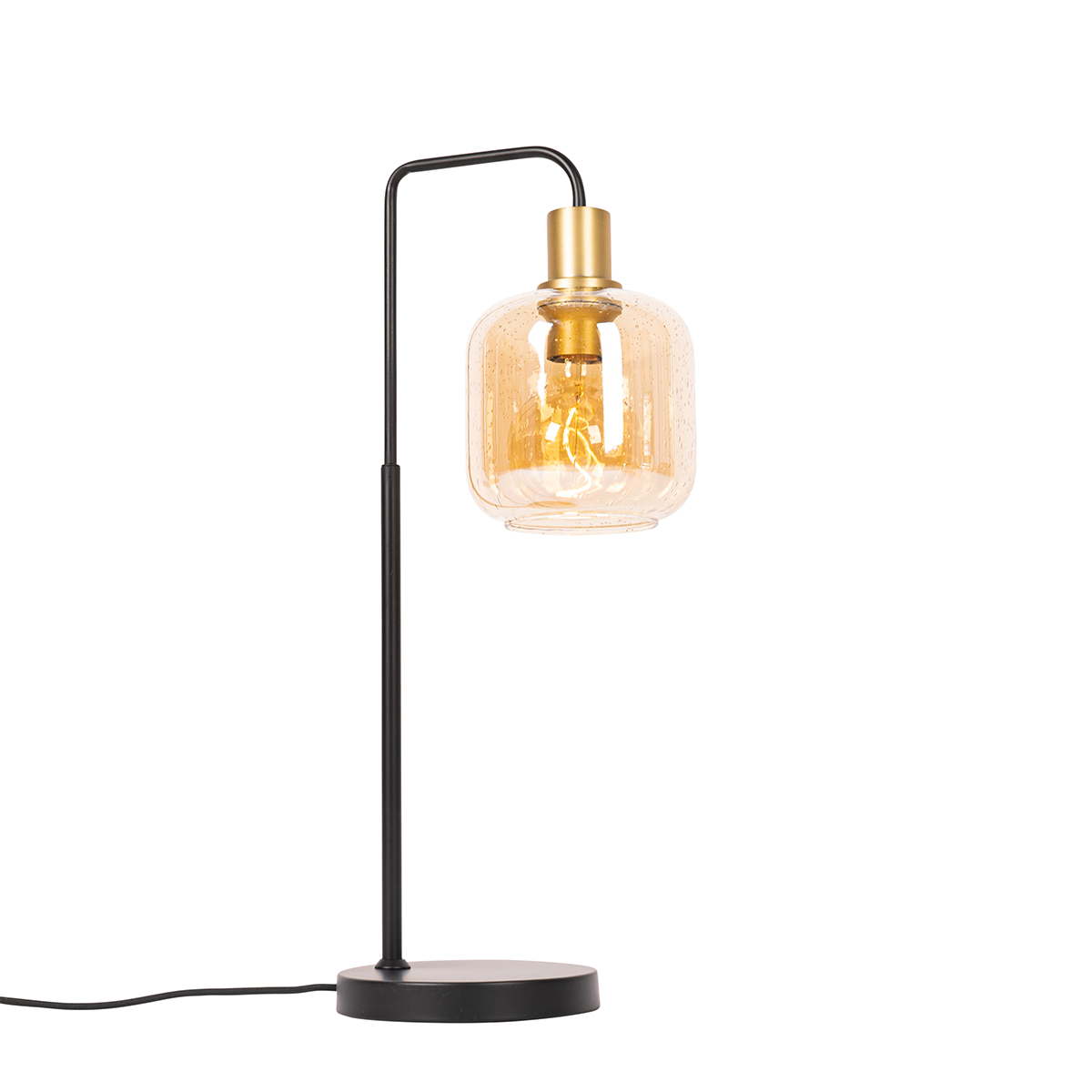 Levně Designová stolní lampa černá s mosazí a jantarovým sklem - Zuzanna