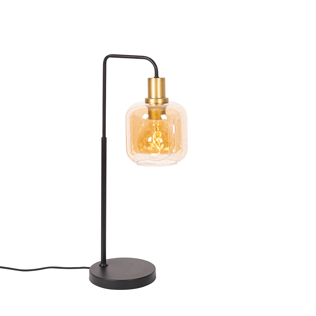 Lampada da tavolo di design nera con ottone e vetro ambrato - Zuzanna