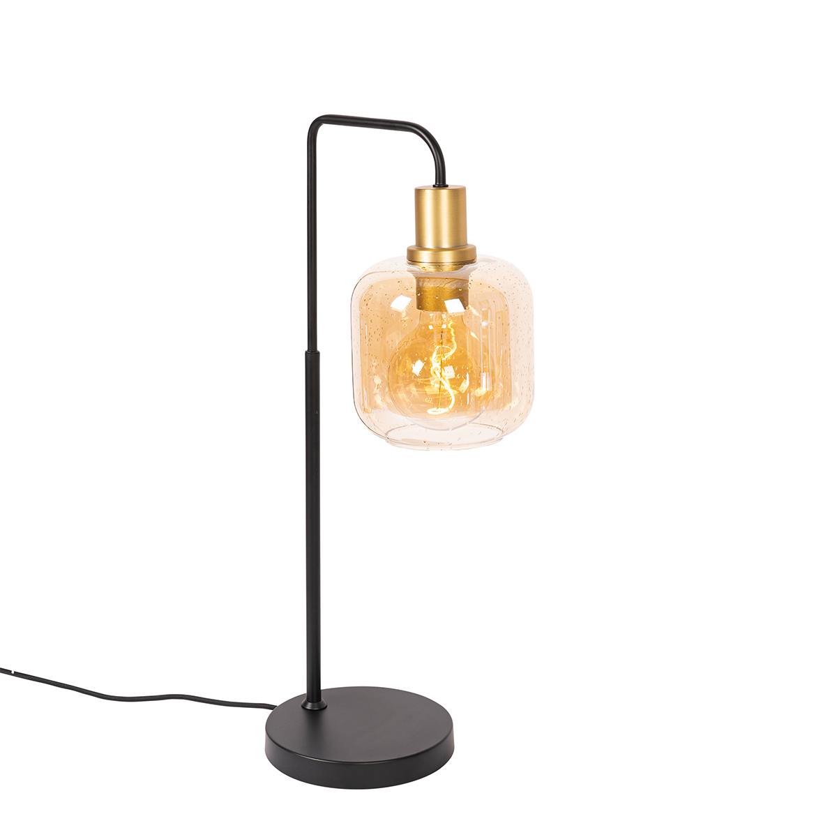 Lampada da tavolo di design nera con ottone e vetro ambrato - Zuzanna