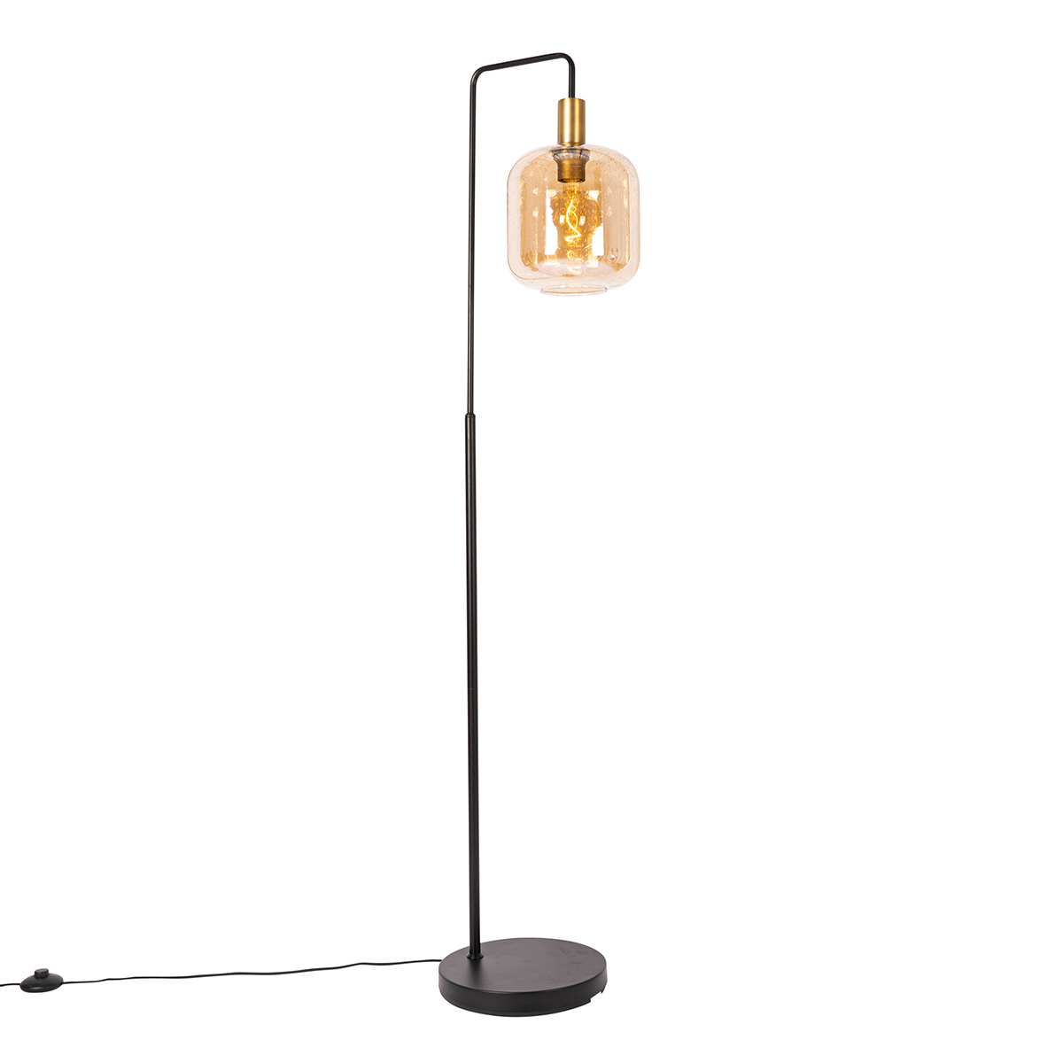 Design gulvlampe sort med messing og ravfarget glass - Zuzanna