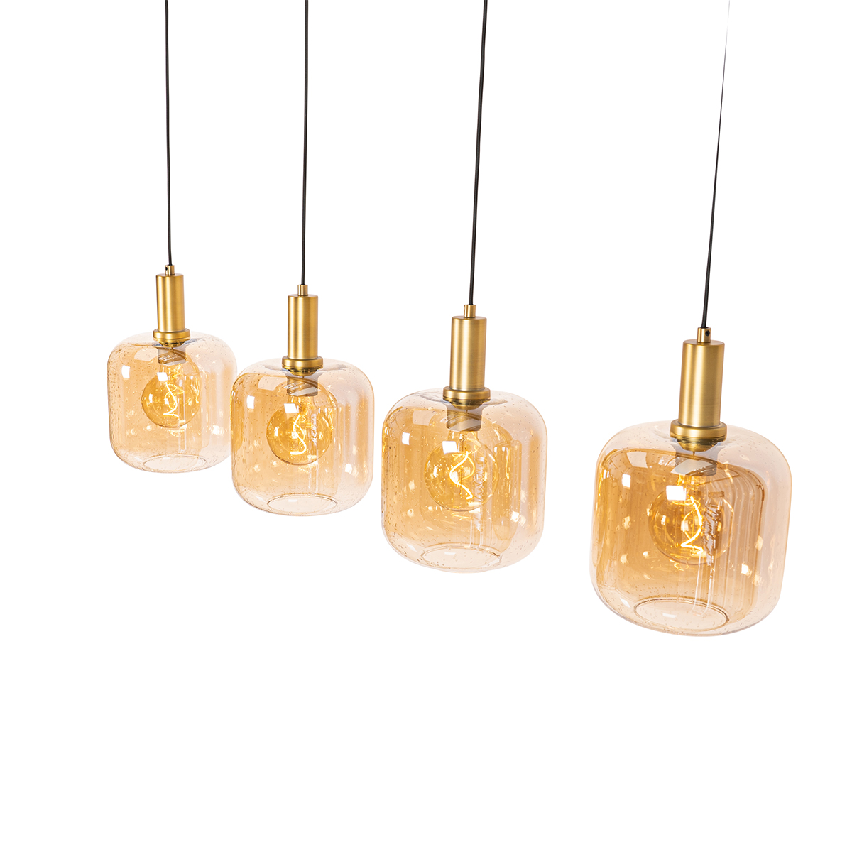 Lampada a sospensione smart nera con ottone e vetro ambrato 4 luci incl. 4 Wifi G95 - Zuzanna