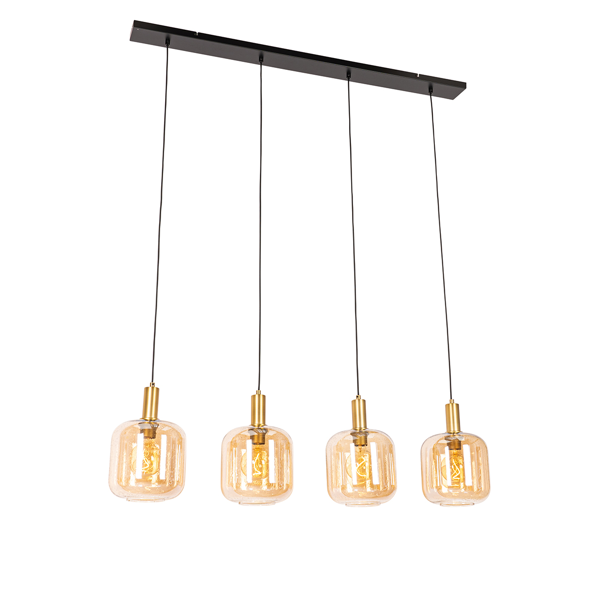 Lampada a sospensione di design nera con ottone e vetro ambrato a 4 luci - Zuzanna
