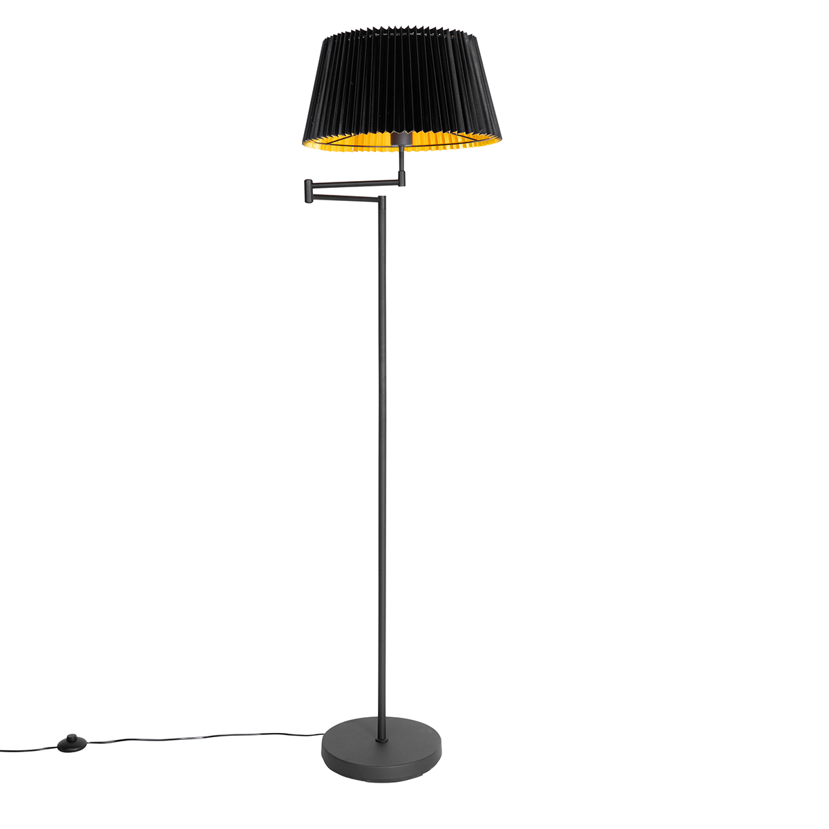 lampadaire noir avec abat-jour plissé noir et bras réglable - ladas deluxe