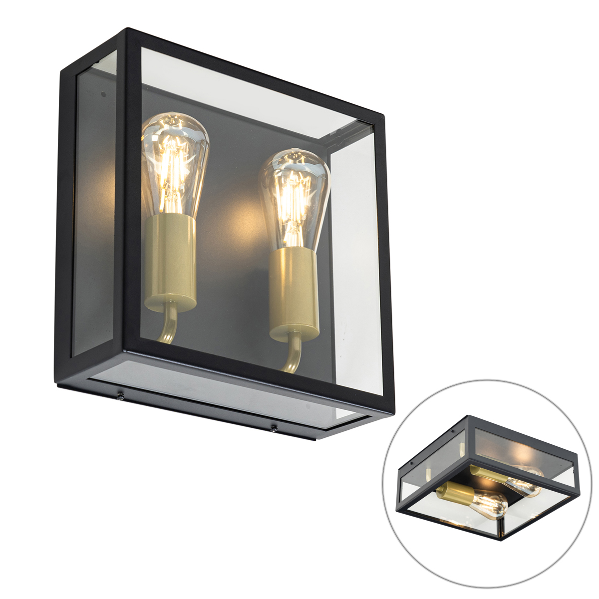 Vonkajšie nástenné svietidlo čierno-mosadzné 2-svetlo - Rotterdam Vonkajšie nástenné svietidlo čierno-mosadzné 2-svetlo - Rotterdam