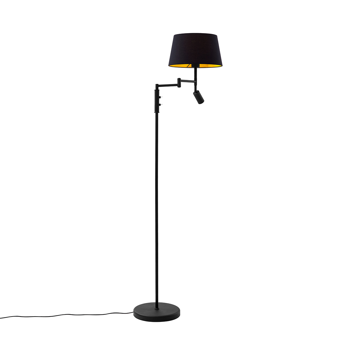Levně Černá stojací lampa s černým stínidlem a nastavitelnou lampičkou na čtení - Ladas