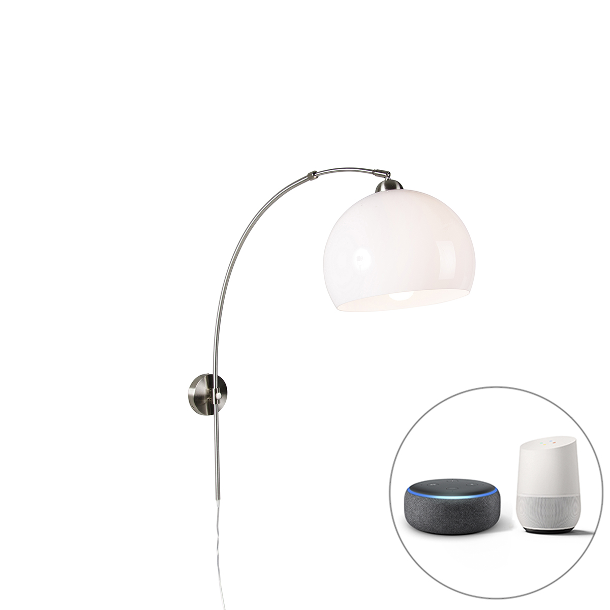 Inteligentná oceľová nástenná oblúková lampa s bielym tienidlom vrátane Wifi A60 - Luk