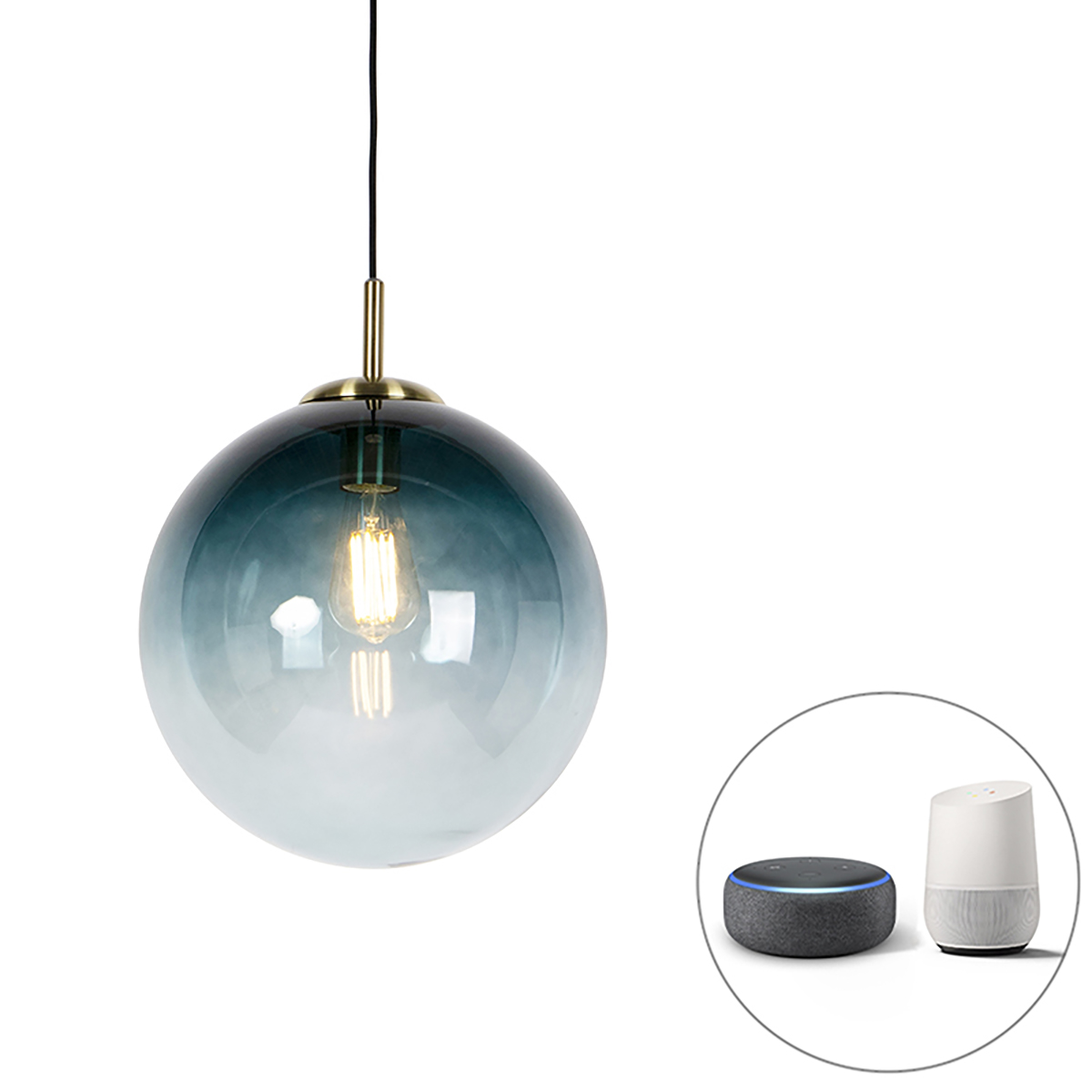 Smart hanglamp messing met oceaanblauw glas 33 cm incl. Wifi ST64 – Pallon