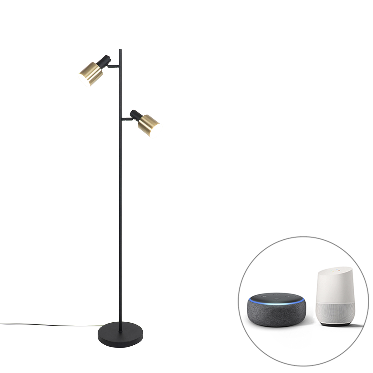 Smart vloerlamp zwart met goud incl. 2 Wifi A60 – Stijn