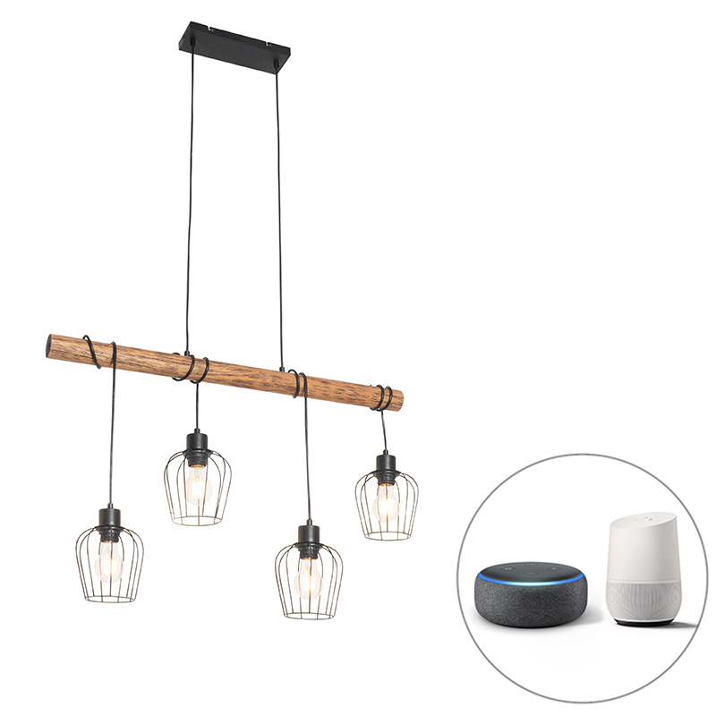 Smart hanging lamp black with wood incl. 4 Wifi A60 - Stunk
