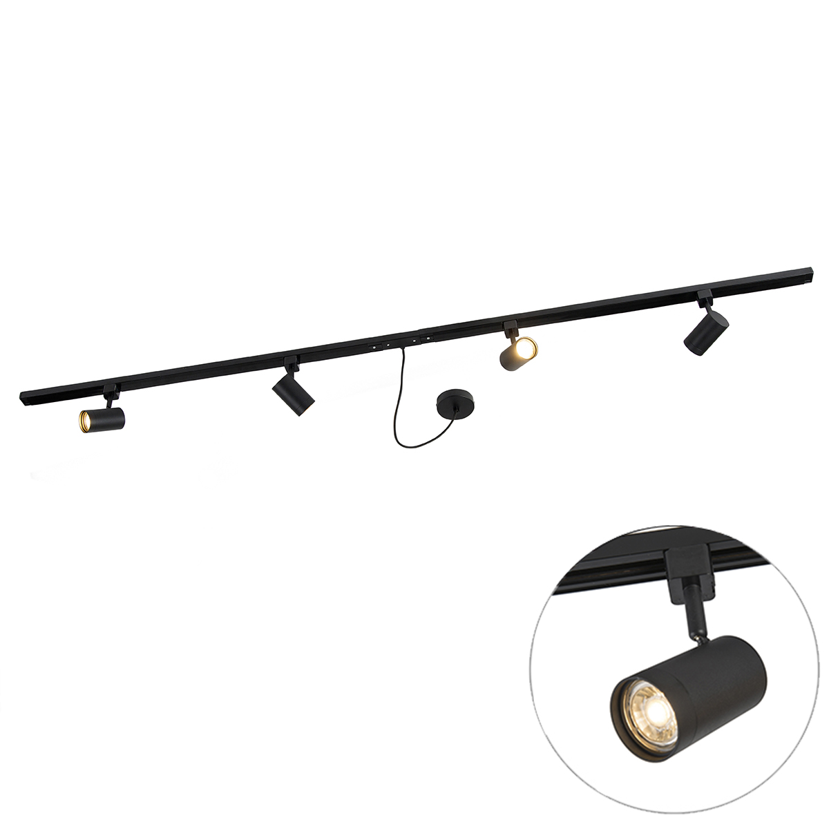 1-fázový koľajnicový systém čierny so 4 reflektormi a napájaním okrúhly - Jeana 1-fázový koľajnicový systém čierny so 4 reflektormi a napájaním okrúhly - Jeana
