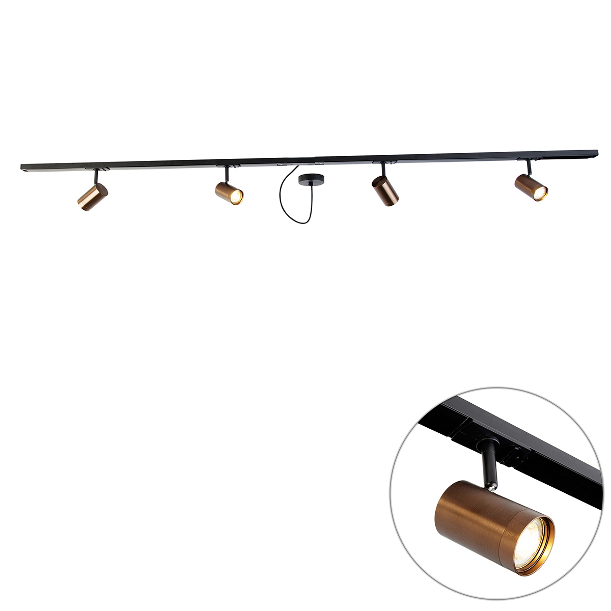 1-fázový koľajnicový systém tmavý bronz so 4 reflektormi a napájaním okrúhly - Jeana 1-fázový koľajnicový systém tmavý bronz so 4 reflektormi a napájaním okrúhly - Jeana