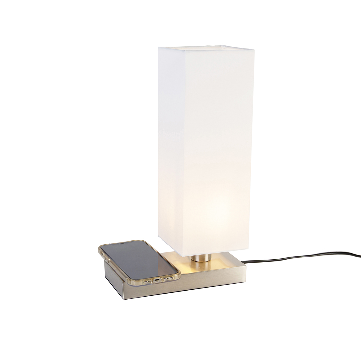 E-shop Oceľová stolná lampa s bielym tienidlom s dotykovou a indukčnou nabíjačkou - Romina