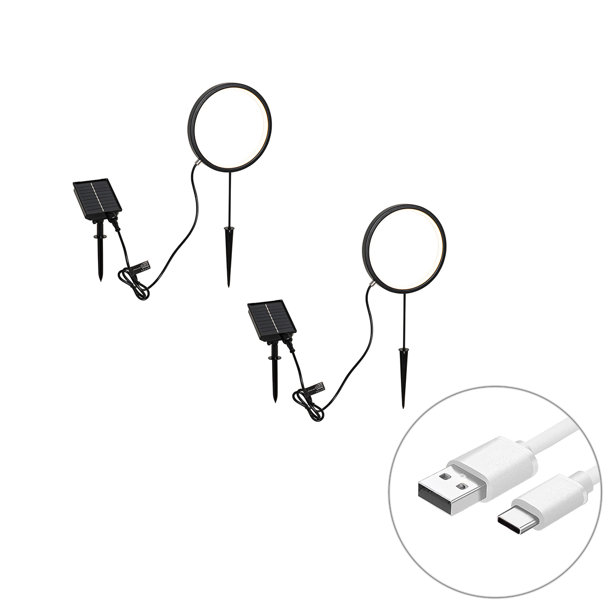 2 db fekete Adalind talajszpotlámpa szett 50 cm, újratölthető LED-del és napelemmel, IP65