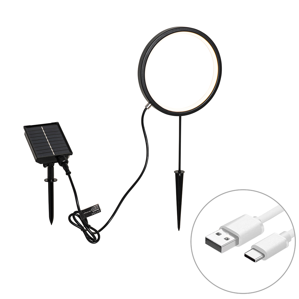 Tüskés lámpa fekete 50 cm, újratölthető és napelemes LED-del, IP65 - Adalind